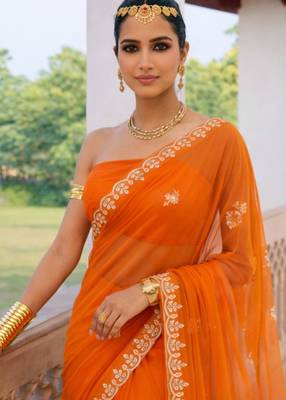 Orange chiffon saree with gotta patti & kardana work scallop border 2