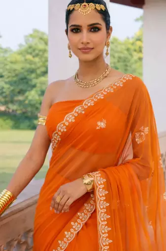 Orange chiffon saree with gotta patti & kardana work scallop border