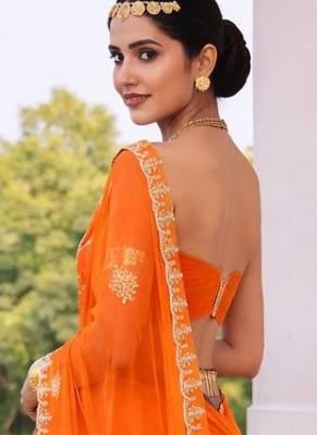 Orange chiffon saree with gotta patti & kardana work scallop border 3
