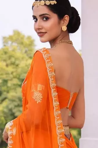 Orange chiffon saree with gotta patti & kardana work scallop border