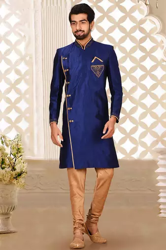 Royal blue dupion arts silk anghrakha design with hand work on collar, hand and chest pocket indo western