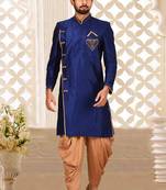 Royal blue dupion arts silk straight design with indo western