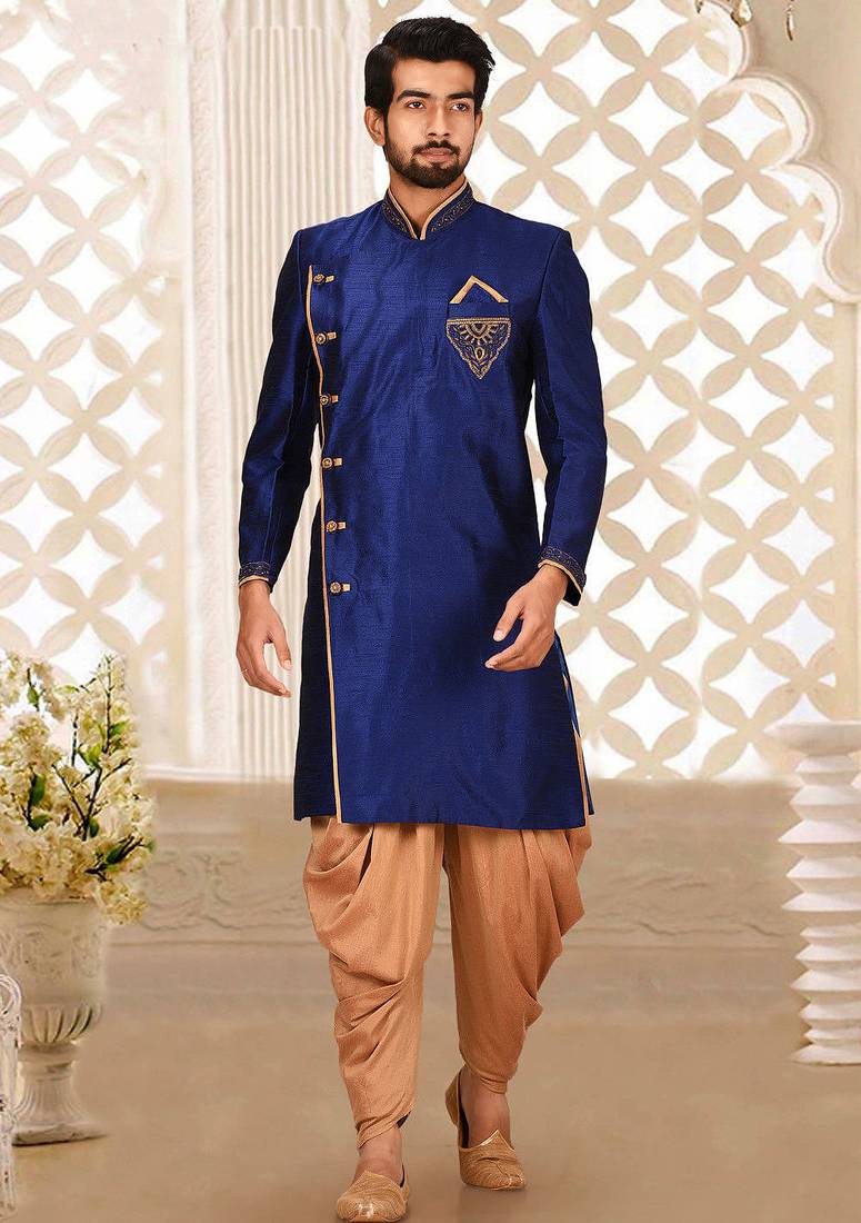Royal blue dupion arts silk straight design with indo western