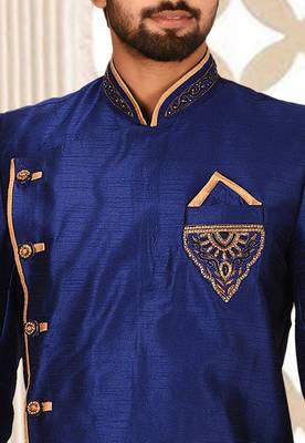 Royal blue dupion arts silk straight design with indo western 2