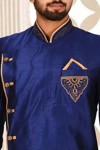 Royal blue dupion arts silk straight design with indo western