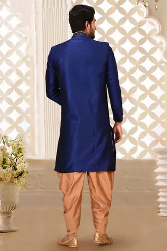 Royal blue dupion arts silk straight design with indo western