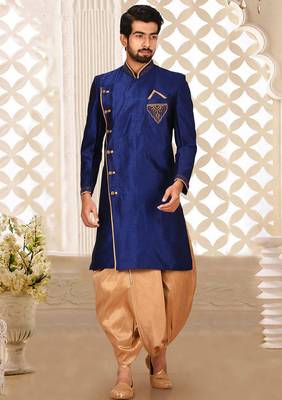 Royal blue dupion arts silk anghrakha design with hand work on collar, hand and chest pocket indo western 1