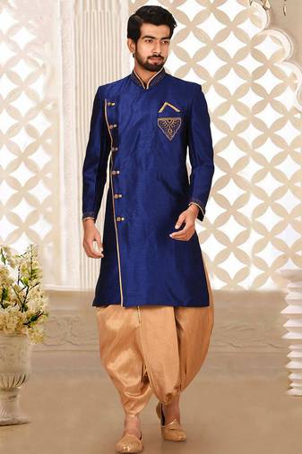 Royal blue dupion arts silk anghrakha design with hand work on collar, hand and chest pocket indo western