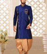 Royal blue dupion arts silk anghrakha design with hand work on collar, hand and chest pocket indo western