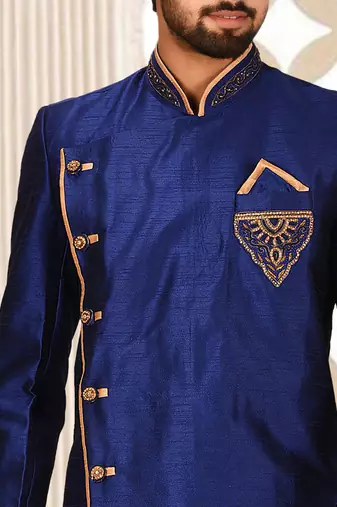 Royal blue dupion arts silk anghrakha design with hand work on collar, hand and chest pocket indo western