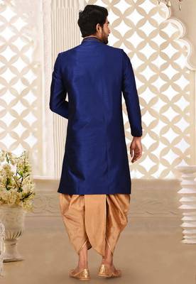 Royal blue dupion arts silk anghrakha design with hand work on collar, hand and chest pocket indo western 3