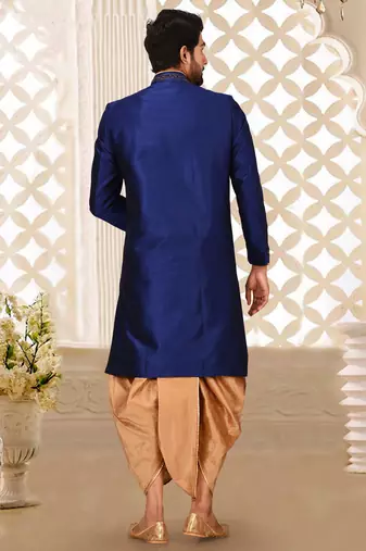 Royal blue dupion arts silk anghrakha design with hand work on collar, hand and chest pocket indo western