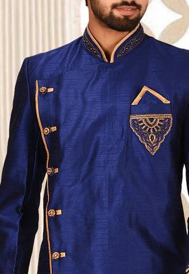Royal blue dupion arts silk anghrakha design with hand work on collar, hand and chest pocket indo western 4