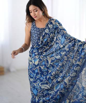 Chiffon digital print scallped border foil mirror work saree 1