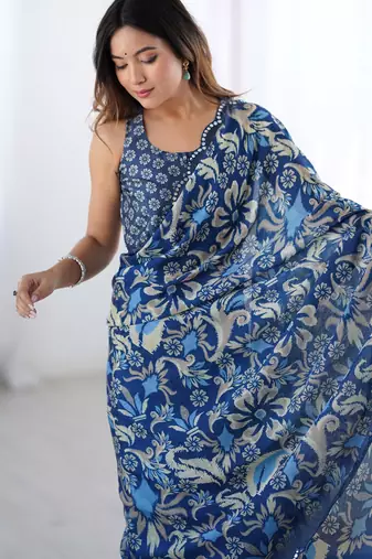 Chiffon digital print scallped border foil mirror work saree