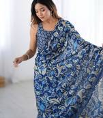 Chiffon digital print scallped border foil mirror work saree