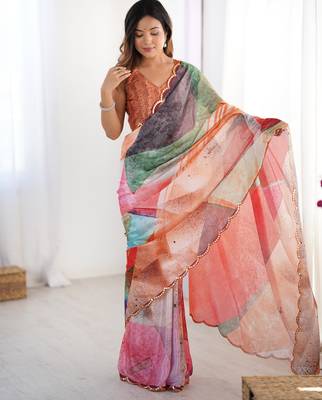 Chiffon digital print scallped border foil mirror work saree 1