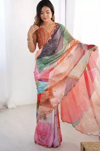 Chiffon digital print scallped border foil mirror work saree