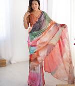 Chiffon digital print scallped border foil mirror work saree