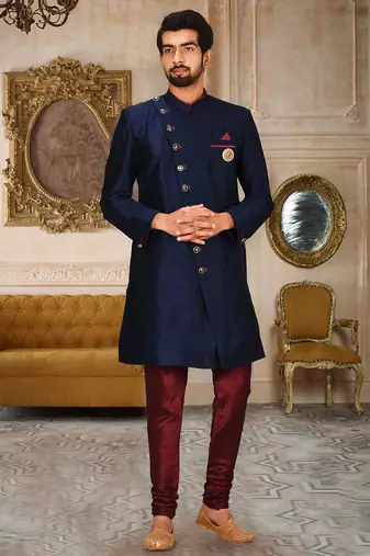 Navy blue anghrakha pattern work indo western