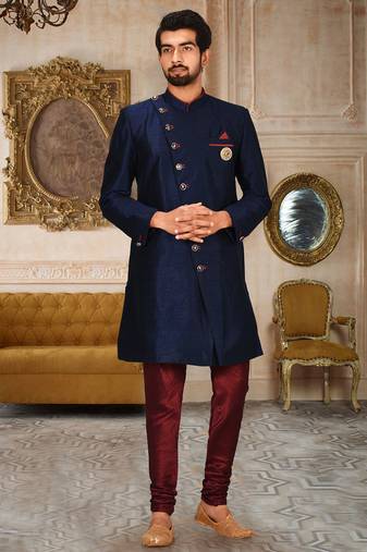 Navy blue anghrakha pattern work indo western