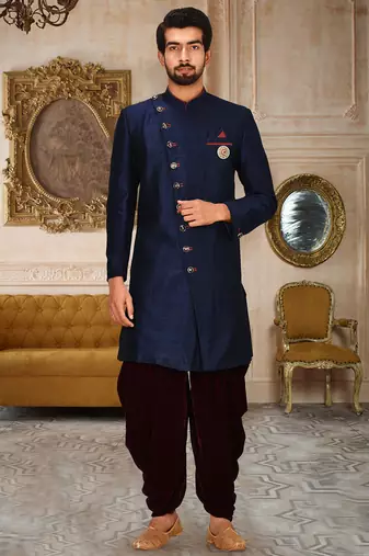 Navy blue anghrakha pattern work indo western