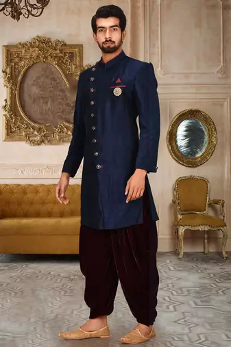 Navy blue anghrakha pattern work indo western