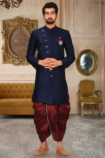 Navy blue anghrakha pattern work indo western