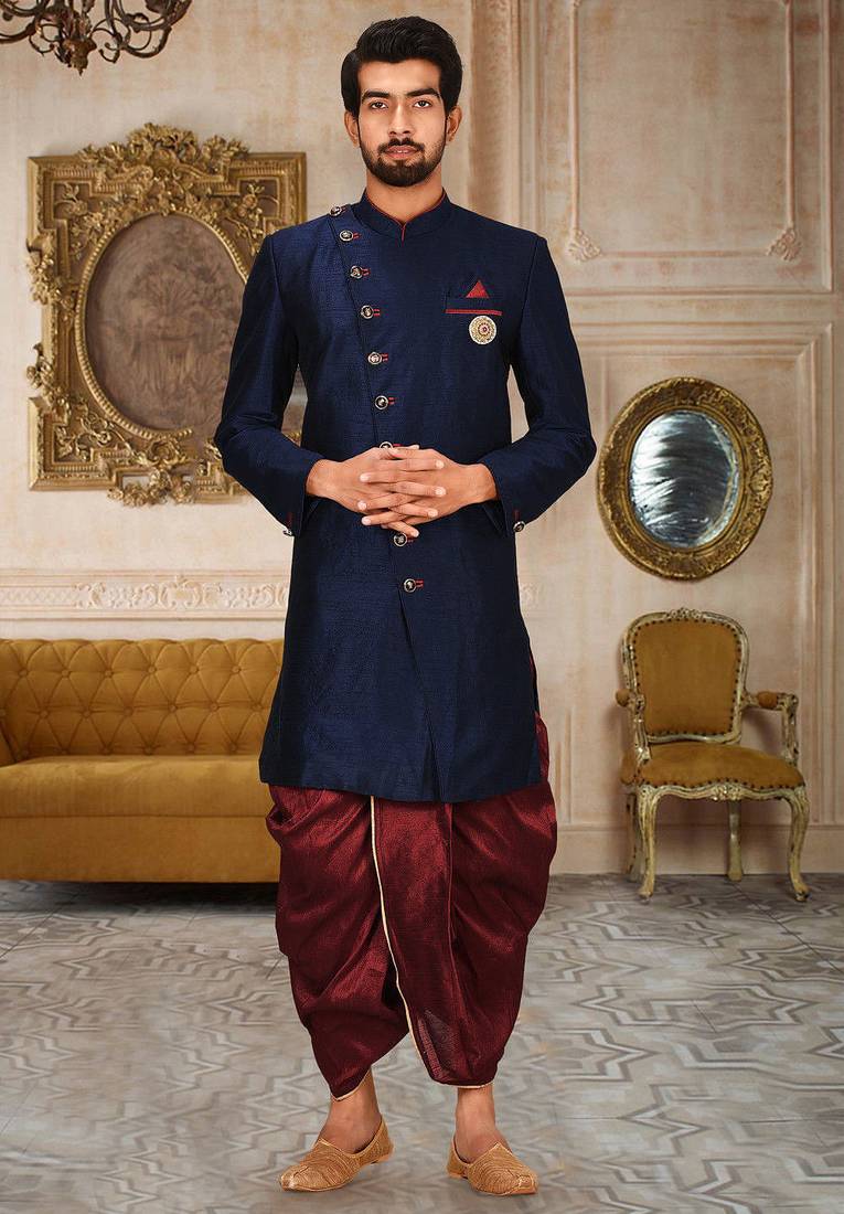 Navy blue anghrakha pattern work indo western