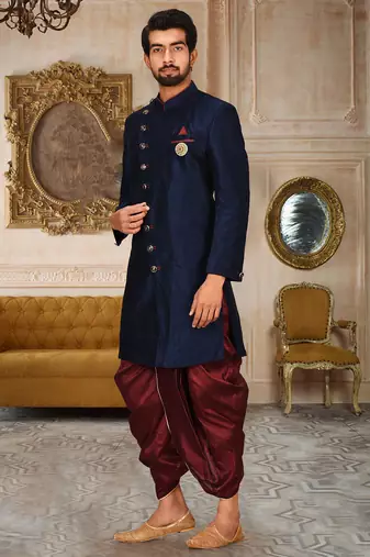 Navy blue anghrakha pattern work indo western