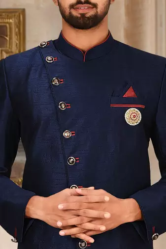 Navy blue anghrakha pattern work indo western