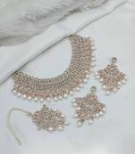 Elegant gold plated kundan pearl bridal jewelry set traditional handcrafted necklace, earrings and maang tikka