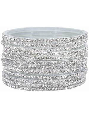 Nvr women's set of 12 zircon gemstone studded stylish silver plated bangles 1