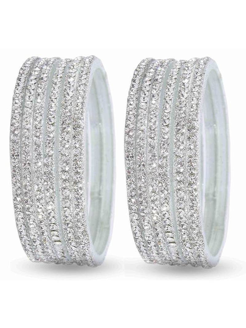 Nvr women's set of 12 zircon gemstone studded stylish silver plated bangles