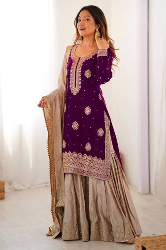 Purple & beige designer sharara suit
