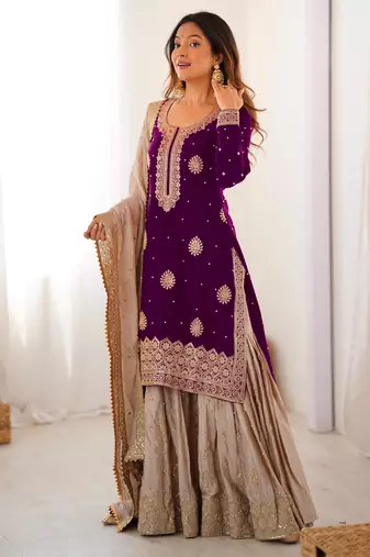 Purple & beige designer sharara suit