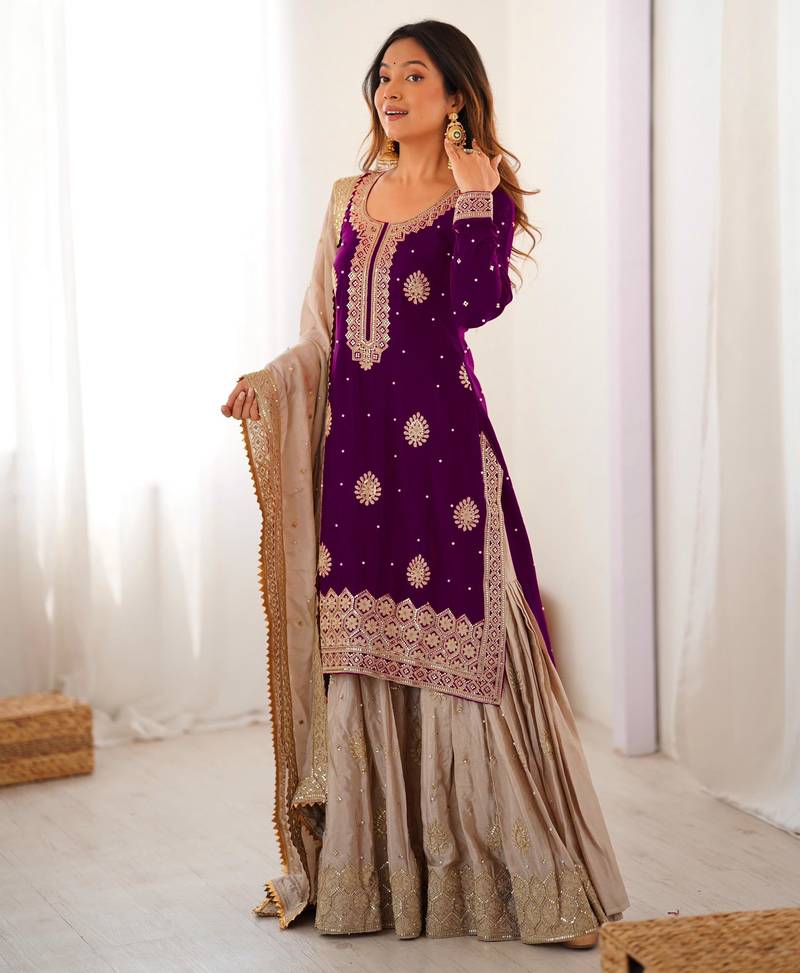 Purple & beige designer sharara suit