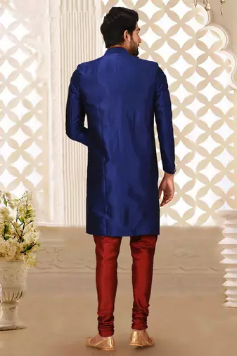 Royal blue anghrakha pattern work indo western