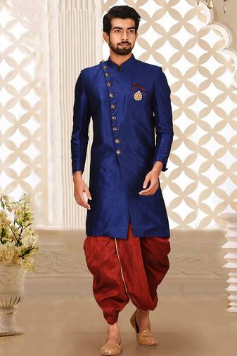 Royal blue anghrakha pattern work indo western