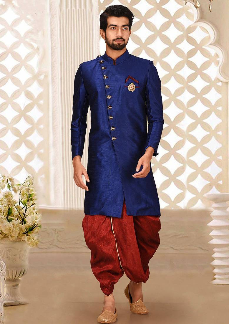 Royal blue anghrakha pattern work indo western