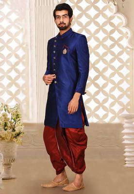 Royal blue anghrakha pattern work indo western 3