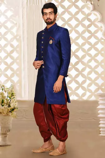 Royal blue anghrakha pattern work indo western
