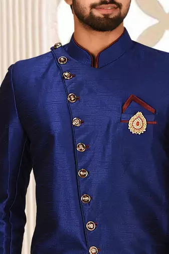 Royal blue anghrakha pattern work indo western