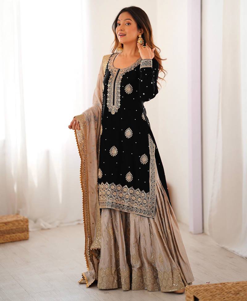 Black & beige designer sharara suit