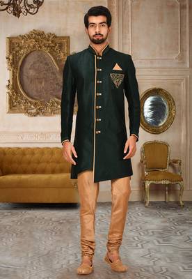 Royal blue dupion arts silk anghrakha design with hand work on collar, hand and chest pocket indo western 1
