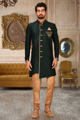 Royal blue dupion arts silk anghrakha design with hand work on collar, hand and chest pocket indo western