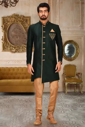 Royal blue dupion arts silk anghrakha design with hand work on collar, hand and chest pocket indo western