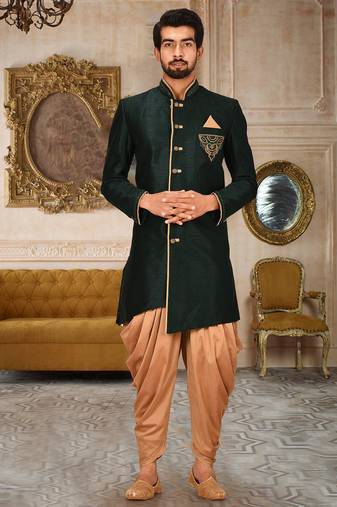 Royal blue dupion arts silk anghrakha design with hand work on collar, hand and chest pocket indo western