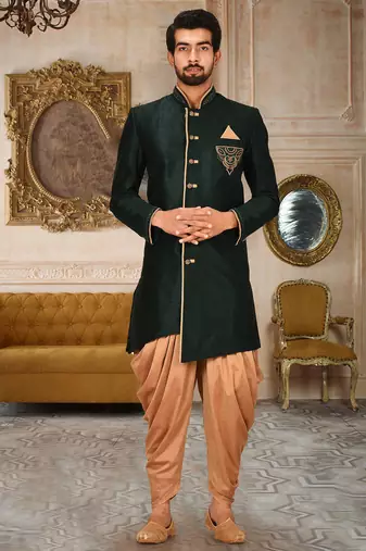 Royal blue dupion arts silk anghrakha design with hand work on collar, hand and chest pocket indo western