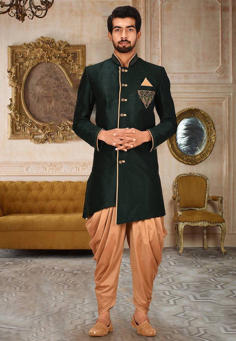 Royal blue dupion arts silk anghrakha design with hand work on collar, hand and chest pocket indo western